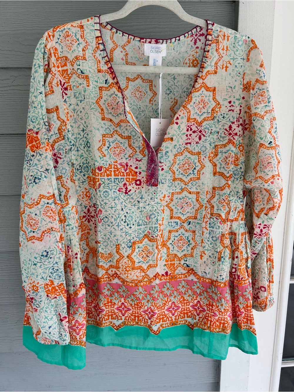 NWT Sigrid Olsen L 100% Cotton Embroidered Boho Chic Tunic Top Longsleeve Blouse